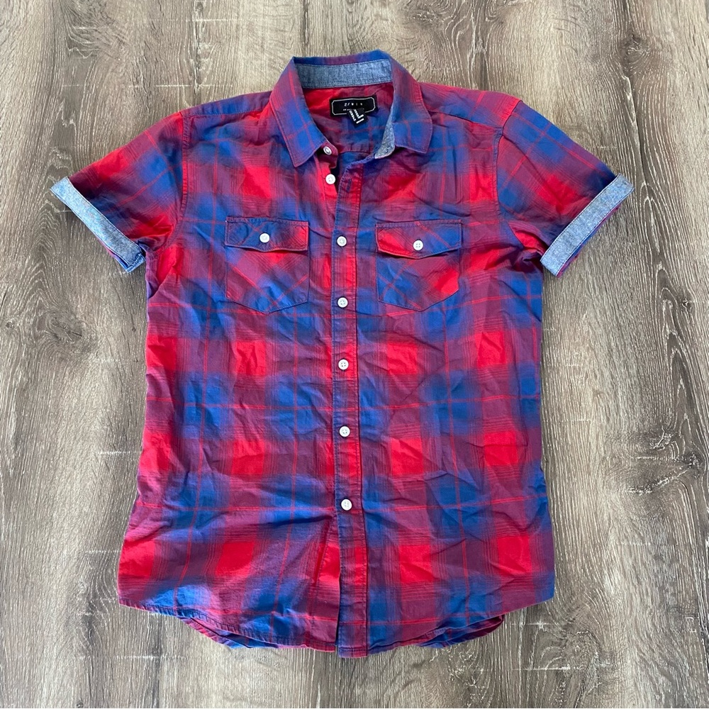 21 Men Red & Blue Plaid Short Sleeve Button Down Shirt XS